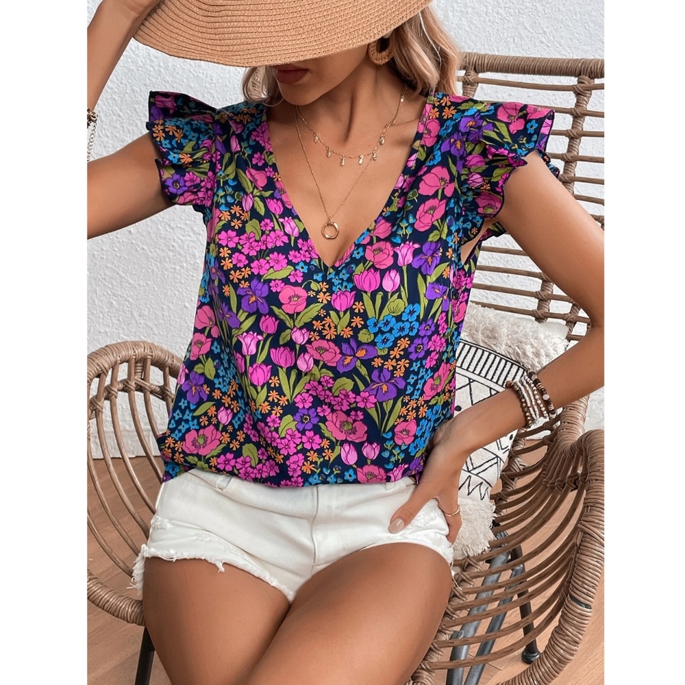 Floral Multicolor Shirt V-Neck Butterfly Cap Sleeve - Picture 3 of 7